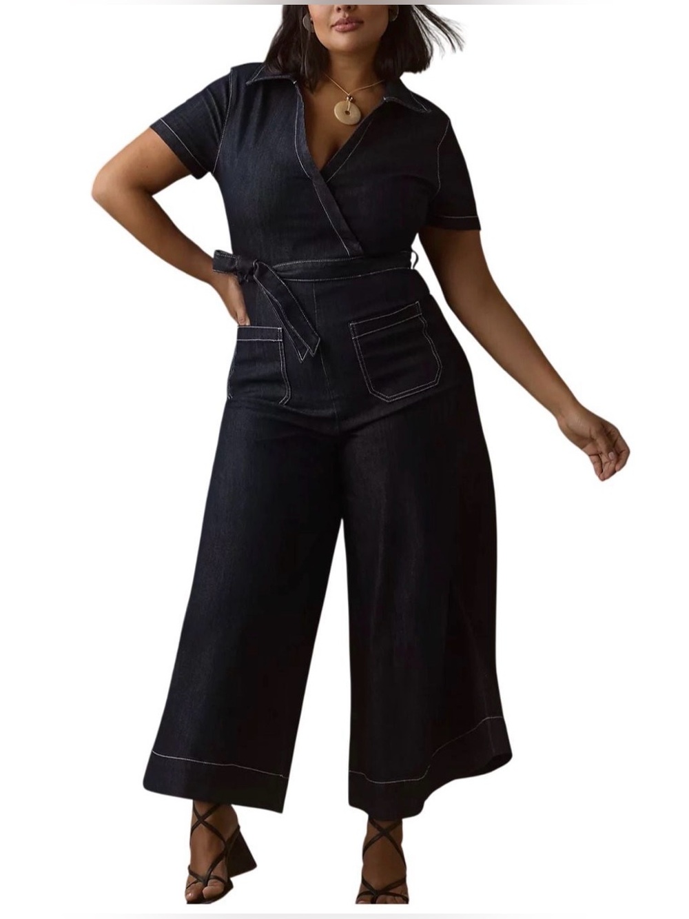 Maeve Women's Collette Dark Blue Denim Wrap Wide Leg Jeans jumpsuit with Belt 16